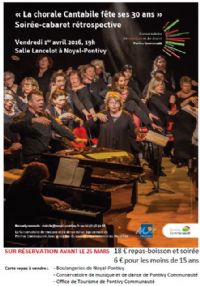 La chorale Cantabile du Conservatoire de musique et de danse de Pontivy Communauté fête ses 30 ans. Le vendredi 1er avril 2016 à Noyal-Pontivy. Morbihan.  19H00